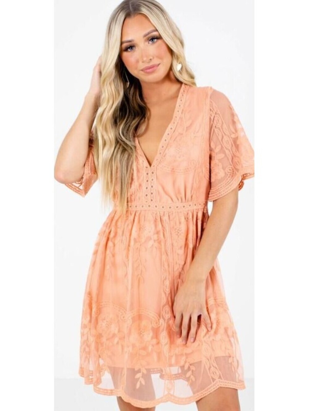 Haute Monde Peach V-neck Embroidered Mini Dress - Women's XL NWT